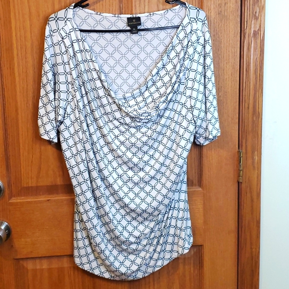 Worthington White Geometric Draped Cowl Neck Blouse
